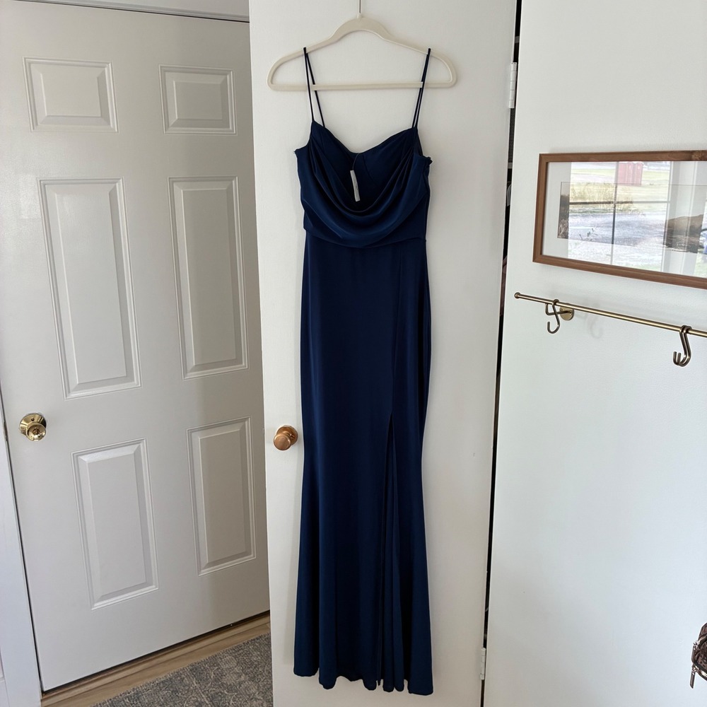 Windsor Love Navy Blue Formal Dress Cowl Neck Front Slit Gown D8263 Size L NWT